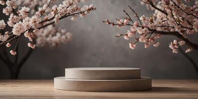 Luxurious product display podium with cherry blossoms background. photo