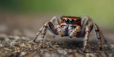 Macro close-up of a jumping spider with bright eyes and long legs crawling on a surface in nature Bright colors. photo
