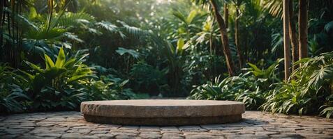 Empty stone round podium in green tropical garden with copy space for product display. photo