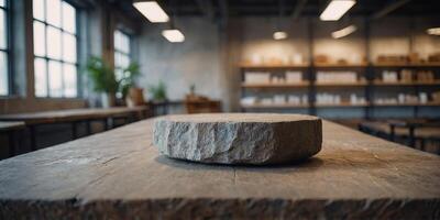 Empty stone table with blurred soft light factory business background product display template Mock up template for display Business presentation. photo