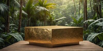 Golden podium in tropical forest for product presentation. photo