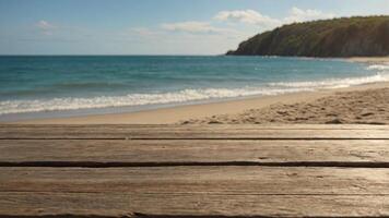 Empty wooden table on sandy beach with blurred ocean background, ideal for product display. photo