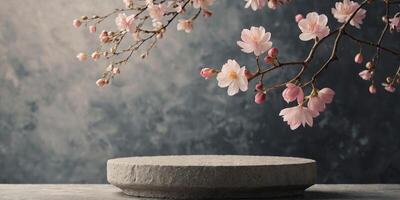 Empty stone pedestal with spring petals background Modern product display Minimal mockup template. photo