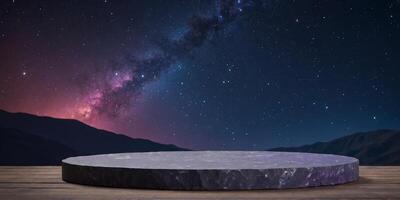 Empty stone podium with dark blue and purple galaxy starry sky background for product display or presentation , stone. photo