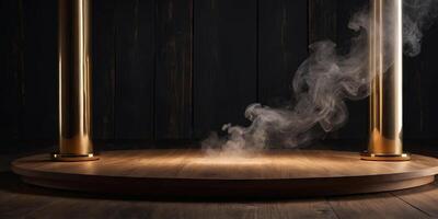 Empty wooden cylinder product display podium on dark abstract backdrop with floating smoke, illuminated by spotlights, podium, stand, display, wooden, cylinder, empty, backdrop, dark, abstract. photo