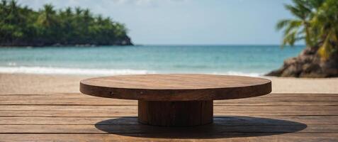 Empty wooden round platform on the table top with tropical beach background. photo