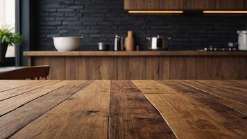 Empty wood table top counter on modern kitchen interior background , empty wooden table in kitchen room background ,Banner, Ready for product display. photo