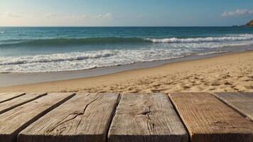 Empty wooden table on sandy beach with blurred ocean background, ideal for product display. photo
