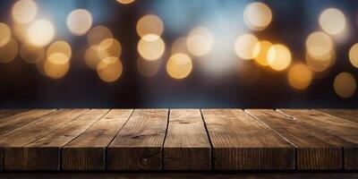 Empty wood table and bokeh light background product display template. photo