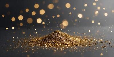 Gray minimalistic background with gold bokeh lights and gold dust Copy space. photo