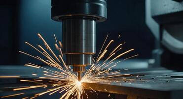 Metalworking CNC milling machine in action, cutting metal and producing sparks Precision engineering with automated technology, showcased in a close-up view of the machinery and process. photo