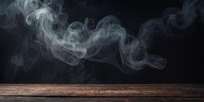 Fog In Darkness Smoke And Mist On Wooden Table Abstract And Defocused Halloween Backdrop. photo