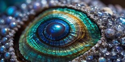 High magnification macro of blue abalone pearl shell with vivid iridescent layers. photo