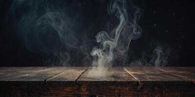 Fog In Darkness Smoke And Mist On Wooden Table Abstract And Defocused Halloween Backdrop. photo