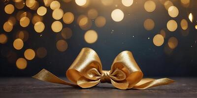 Golden bow on magic background with bokeh effect. photo
