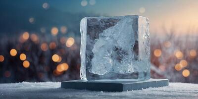 Ice podium for product display on winter background. photo