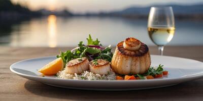 Focus on a gourmet meal of scallops over a bed of rice and salad, neatly presented on a white plate with wine glasses in background. photo