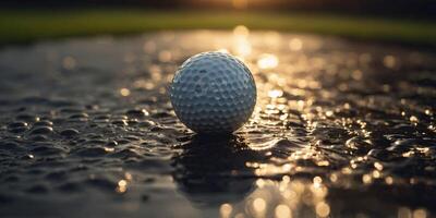 Golf ball on wet surface with golden light. photo