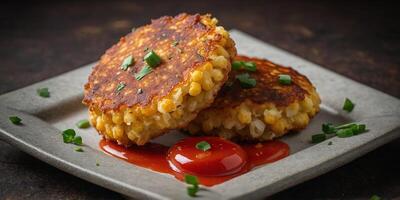 dorado maíz buñuelos coronado con cebollín, lado de salsa de tomate. foto