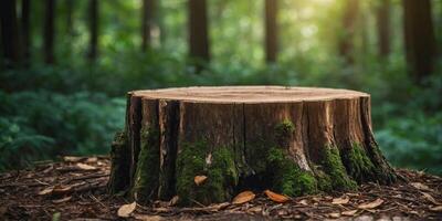 Wooden desk or stump in green forest background,For product display. photo