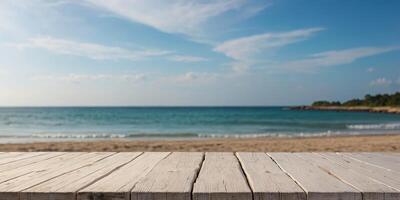 White wood table with summer beach background for product display. photo
