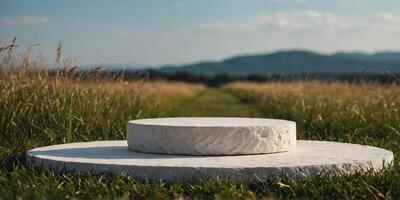 White stone podium surrounded by grass Minimal scene podium for product presentation or advertising. photo