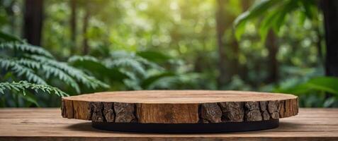 Wood product display podium with nature for presentation design. photo