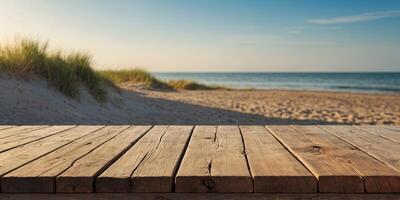 Sunny beach in summer provides a blurred backdrop for a wooden table, suitable for displaying and presenting summer products on the table. photo