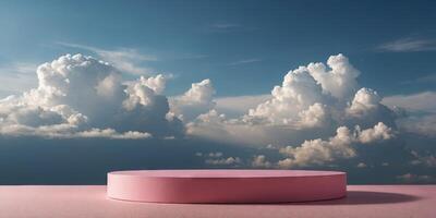 Pink Podium display for product presentation on a blue sky background with clouds Pedestal platform mockup, stand show for organic product. photo