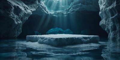 Pedestal podium underwater Underwater scene with empty stone for product display Ice cave for winter theme mockup. photo