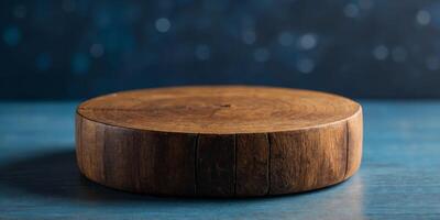 Wooden round on blue background for mocking up or display product to make advertising. photo