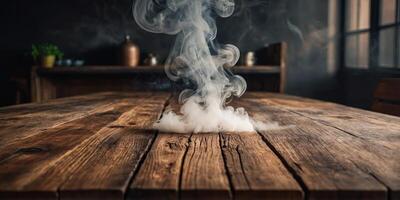 Wood table with smoke on the background Wooden empty surface in the kitchen for product presentation Mockup for design. photo