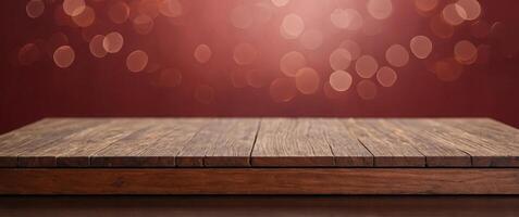 Wooden platform for professional product showcases on red background. photo