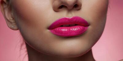 Modern shiny shiny lip makeup Beautiful shiny female lips in neon pink colors Background for design. photo
