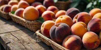Table adorned with fresh peaches, apricots, and apples - a vibrant display of organic, ripe, and juicy fruits at a local market,. photo