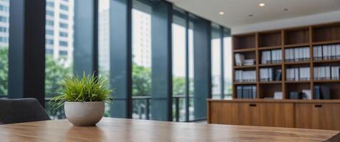 Office building with wood table top and blurred white glass window background for product display and key visual layout in a montage. photo