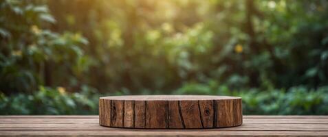 Wooden podium on wooden table in front of blurred nature background Mock up for product display. photo
