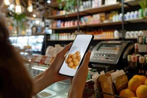 Woman using smartphone to check product details in grocery store photo