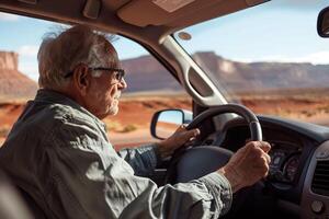 Elderly Man Driving Through Desert photo
