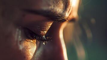 Close-up of an eye shedding a single tear. photo