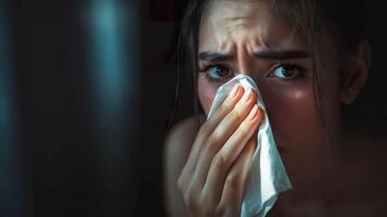 Tearful woman holding a tissue photo