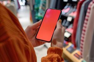 Woman using mobile shopping app in clothing store photo