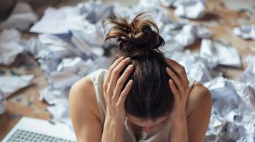 A woman surrounded by crumpled papers, illustrating the intense feeling of being overwhelmed and stressed photo