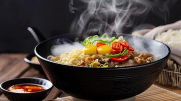 A steaming bowl of ramen photo