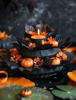An intricately designed Halloween Krathong made of black paper, floating on water. photo