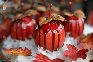 A sinister candy apple forest with blood-red caramel coating and edible leaf decorations photo