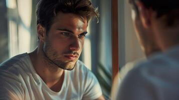 Man staring at his reflection in the mirror photo