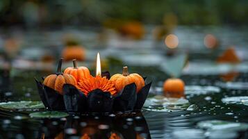 A Krathong made of black paper, floating on water, decorated with orange and black ribbons, miniature pumpkins, and a flickering orange LED candle. photo