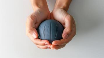Close-up of hands holding a textured stress ball on white background photo