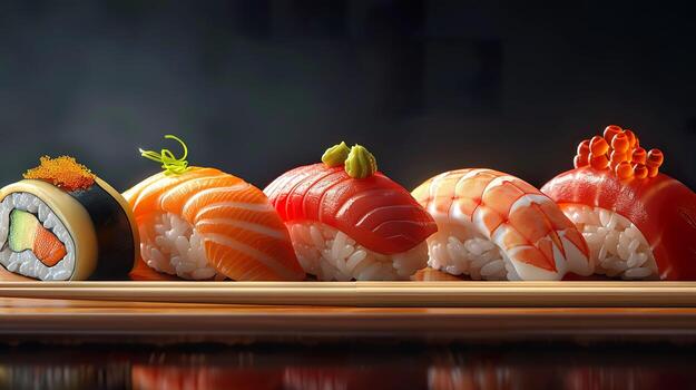 A meticulously arranged selection of sushi on a bamboo mat photo